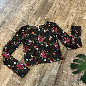 Urban outfitters long sleeve black net sheer floral embroidered top small